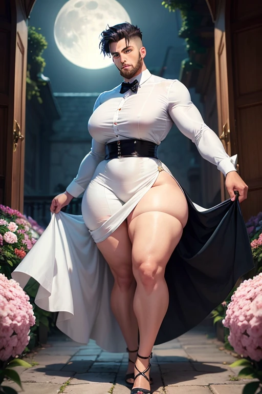 (masterpiece), best quality, expressive eyes, perfect face,young man having long legs thick thighs large hips thin and narrow weist wearing white skirt, formal shirt, moon night garden flowers, very small spikey boyish haircut, boy , boy, wide hips, very wide hips, muscular body, , tugged in, very very wide hips, huge large penis_bulge, smile, big large, very wide hips, very very wide hips, boy, full body, wide very wide hips , thick thighs, thin and narrow weist, Hansome man , bearded