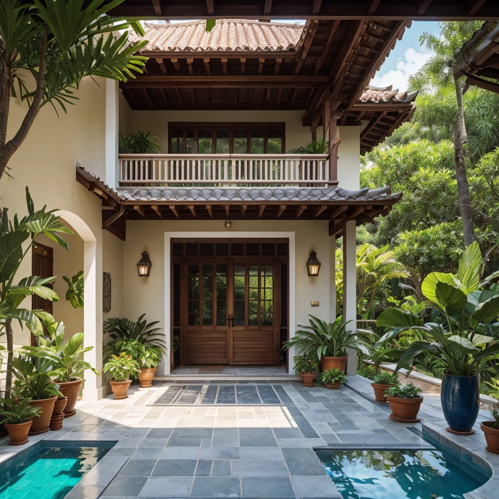 photograph, exterior, Villa tropicale, yin-yang roof tiles, yellow olive effect painted wall, centre lotus pond, wooden doorways, open veranda, serene atmosphere, colonial influences, lush potted plants, natural split stone gray floor, tropical plantings, verdant potted plants on porch, soft shadows, tranquil, overcast sky, wide angle view