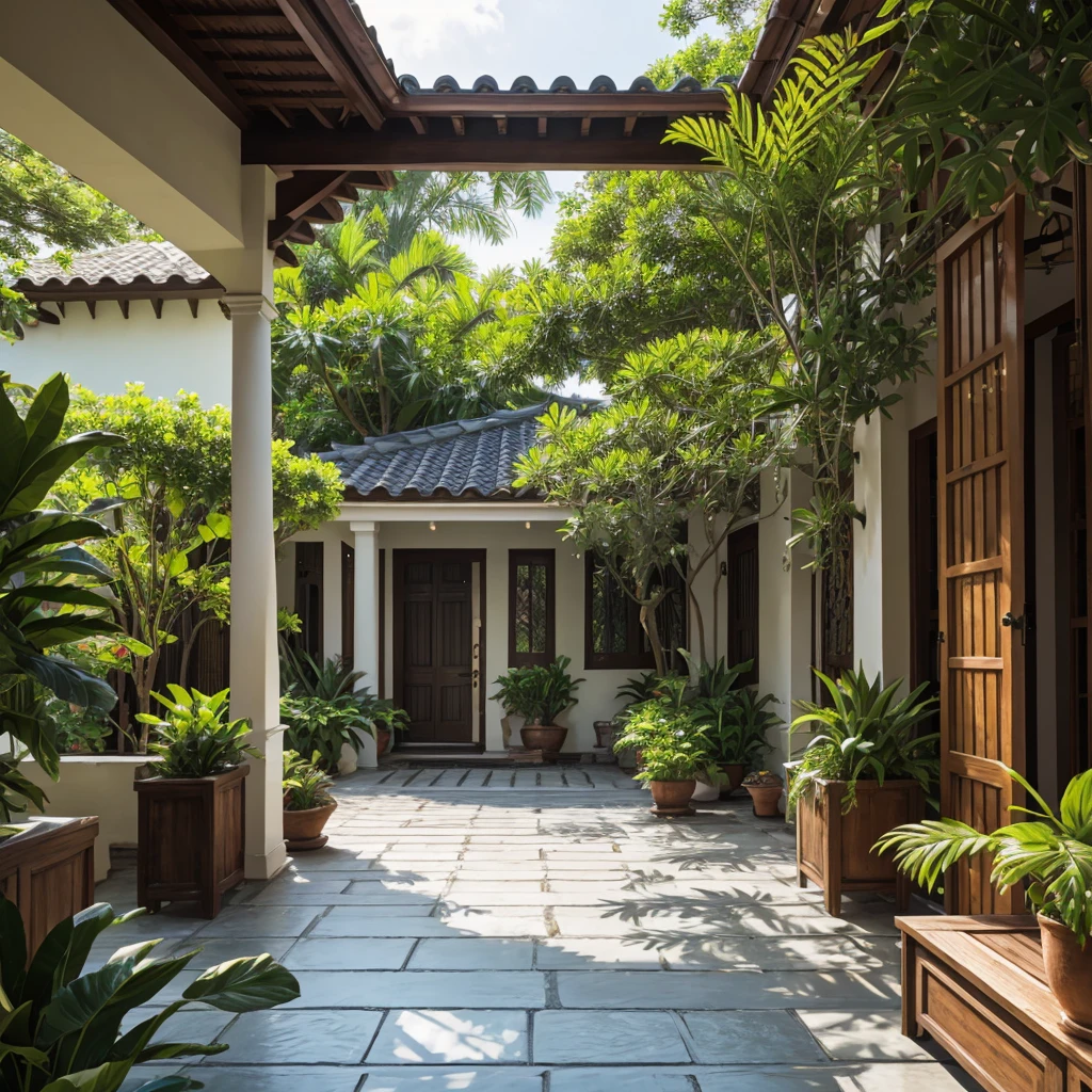 photograph, exterior, Villa tropicale, yin-yang roof tiles, yellow olive effect painted wall, centre lotus pond, wooden doorways, open veranda, serene atmosphere, colonial influences, lush potted plants, natural split stone gray floor, tropical plantings, verdant potted plants on porch, soft shadows, tranquil, overcast sky, wide angle view