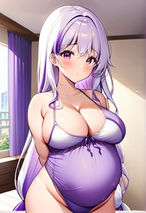 Pregnant women,Pregnant belly,Multiple births,Swimwear,Big Breasts,Large bust,Purple and white hair,Hair Gradient,Long Hair