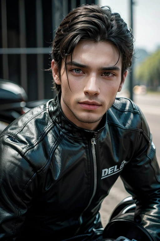 Hombre, como motociclista y modelo, alto y en forma, con el cabello corto color negro, delineado negro en la parte inferior de los ojos y ojos verdes