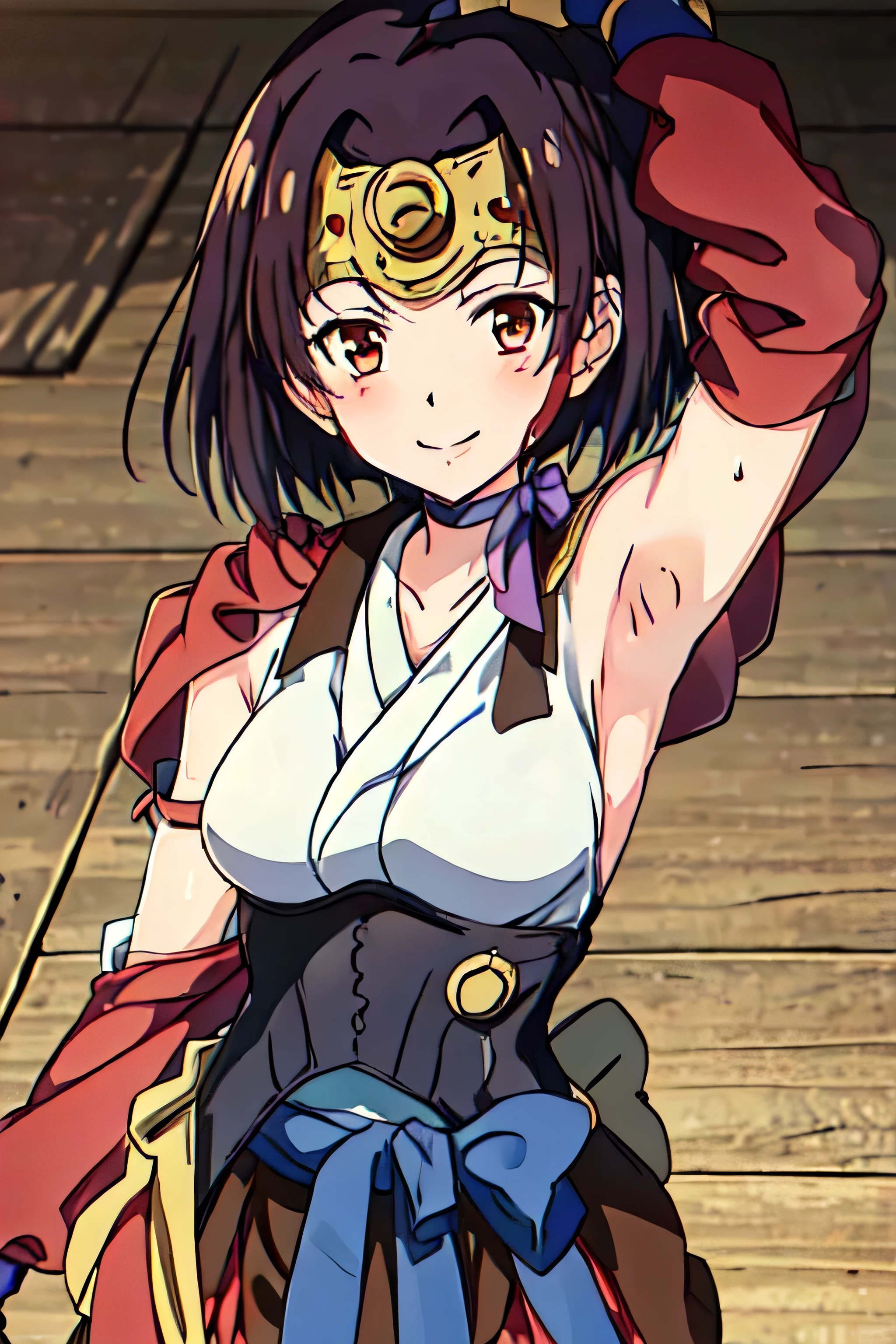 MUMEI_\(KABANERI\), bandages, (bandaged_leg), short_hair, breasts, ribbon_choker, choker, brown_eyes, brown_hair, bandaged_leg, japanese_clothes, (fingerless_gloves) ,red_eyes, corset, purple_ribbon, blue_bow, (leg_wrap), sash, 1girl, solo, upper body, facing viewer, looking at viewer, smile,armpits,armpit,sweat,sweaty,sweaty armpits,awesome armpits,tired,exhausted,sensual expression 