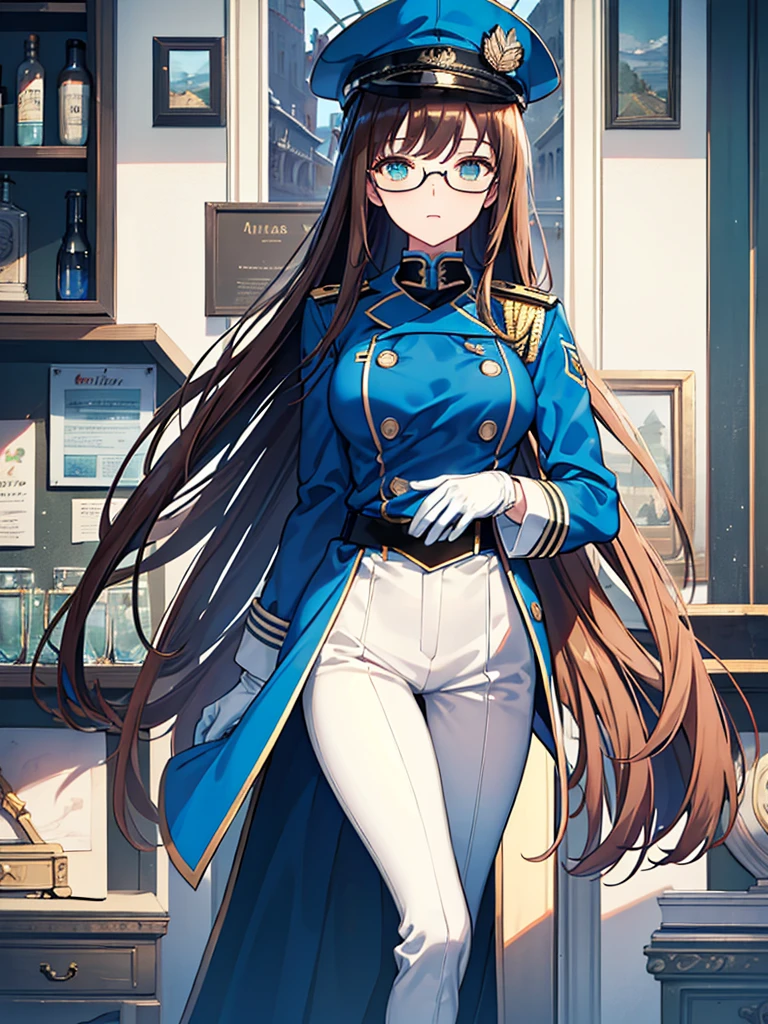 masterpiece, best quality, beautiful girl, brown hair whit white inner color, emerald green eyes, blue military uniform, mature_female, eye_glasses, white gloves, anime, blue military hat, very_long_hair, perfect body, red ribbon, commander, science_fiction, black knee-high boots, blue pants , cowboy_shot, best quality, large_breasts, ultra-detailed, high quality, two-tone uniform, sci-fi, royal blue Trench Coat, fantasy world