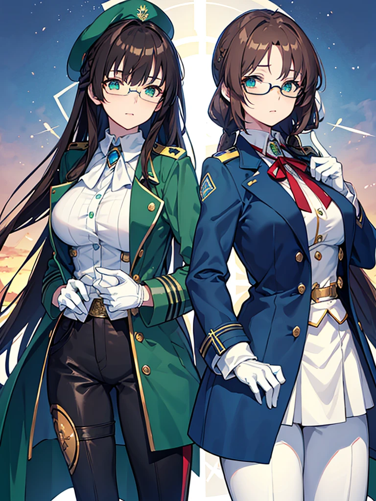 masterpiece, best quality, beautiful girl, brown hair whit white inner color, emerald green eyes, blue military uniform, mature_female, eye_glasses, white gloves, anime, blue military hat, very_long_hair, perfect body, red ribbon, commander, science_fiction, black knee-high boots, blue pants , cowboy_shot, best quality, large_breasts, ultra-detailed, high quality, two-tone uniform, sci-fi, royal blue Trench Coat, fantasy world 