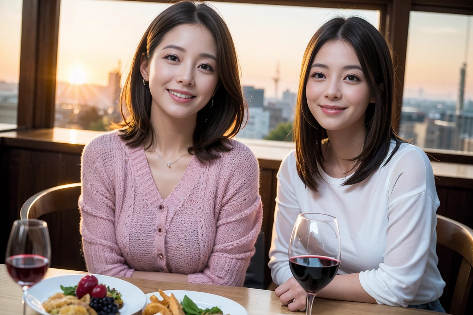 ((Highest quality、8k、masterpiece:1.3))、 (Genuineistic, Genuine、Bright image、Intricate details:1.2), 最高のsmile、1 male,1 female、Beautiful couple、Satomi Ishihara-like lover、Good friends、actress couple、smile、A full-course dinner with a full table、 (Slim face), (the body is slim), (Brown Hair), (short hair), テーブルのwine glass、Please shine a light on my face、 Amazing view of the sunset sky and clouds、 (36 years old)38 years old, red wine 、Wine bottle、sparkling wine、Long sleeve shirt、Pink Dress、White wine, red wine, wine glass, 