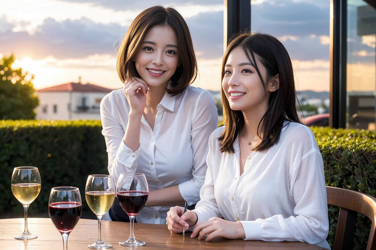 ((Highest quality、8k、masterpiece:1.3))、 (Genuineistic, Genuine、Bright image、Intricate details:1.2), 最高のsmile、1 male,1 female、Beautiful couple、Satomi Ishihara-like lover、Good friends、actress couple、smile、A full-course dinner with a full table、 (Slim face), (the body is slim), (Brown Hair), (short hair), テーブルのwine glass、Please shine a light on my face、 Amazing view of the sunset sky and clouds、 (36 years old)38 years old, red wine 、Wine bottle、sparkling wine、Long sleeve shirt、Pink Dress、White wine, red wine, wine glass,