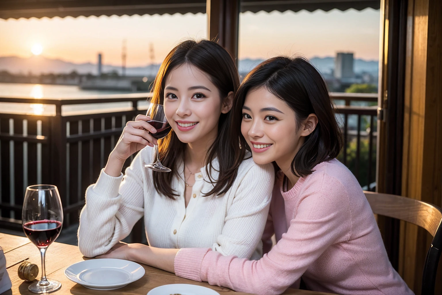 ((Highest quality、8k、masterpiece:1.3))、 (Genuineistic, Genuine、Bright image、Intricate details:1.2), 最高のsmile、1 male,1 female、Beautiful couple、Satomi Ishihara-like lover、Good friends、actress couple、smile、A full-course dinner with a full table、 (Slim face), (the body is slim), (Brown Hair), (short hair), テーブルのwine glass、Please shine a light on my face、 Amazing view of the sunset sky and clouds、 (36 years old)38 years old, red wine 、Wine bottle、sparkling wine、Long sleeve shirt、Pink Dress、White wine, red wine, wine glass,