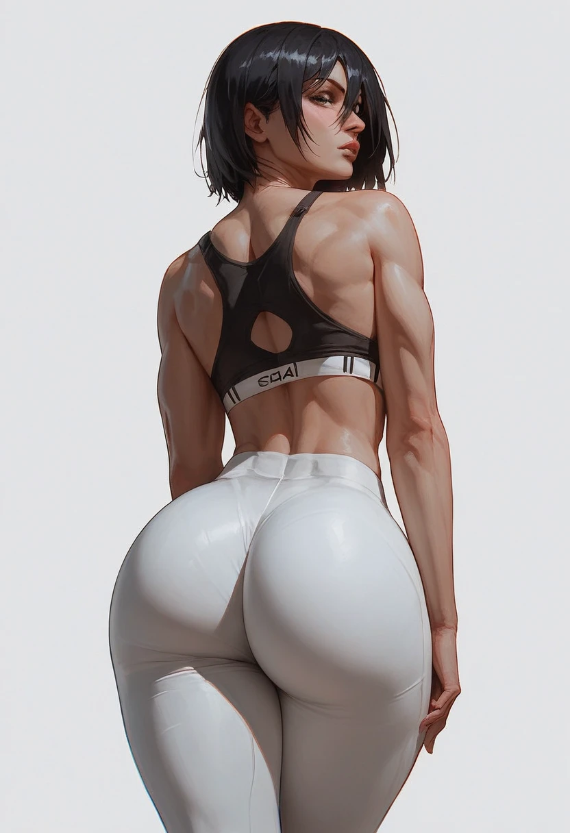 score_9, score_8_up, score_8, score_9, 1girl, mikasa ackerman, white leggings, black sport bra, standing, from behind, huge ass, perfect rounded ass, looking at the viewer, indoor, taking picture to mirror, holding pone,