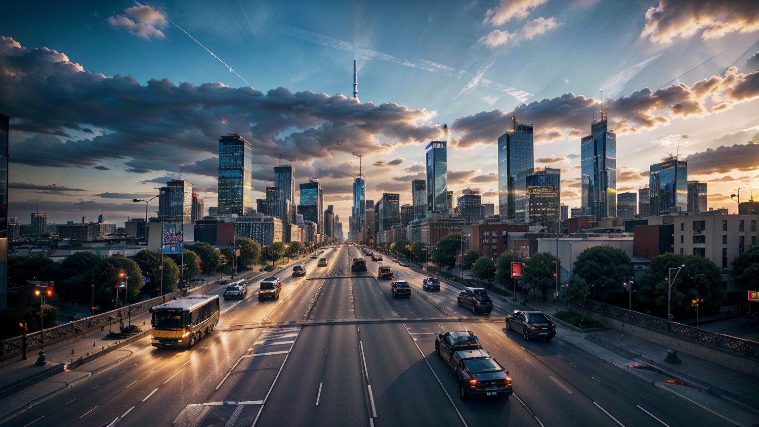 city buildings, skyscrapers, heavy traffic, asphalt road, (best quality, 8K, high resolution ,Artwork:1.2),ultra-detailed,(realistic,photorealistic,photo-realistic:1.37),Cinematic lighting,cinematic composition,vibrant colors,dramatic shadows,intricate details,architectural elements,cityscape,urban scene
