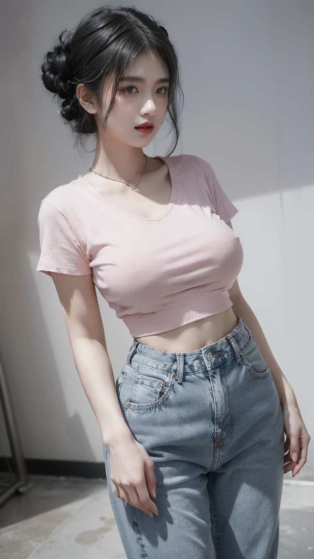 21yo girl,black hair, (updo hair). Wearing pink t-shirt, wearing denim pants, natural big breast, show big thigh, plump body, standing pose, gray backgound