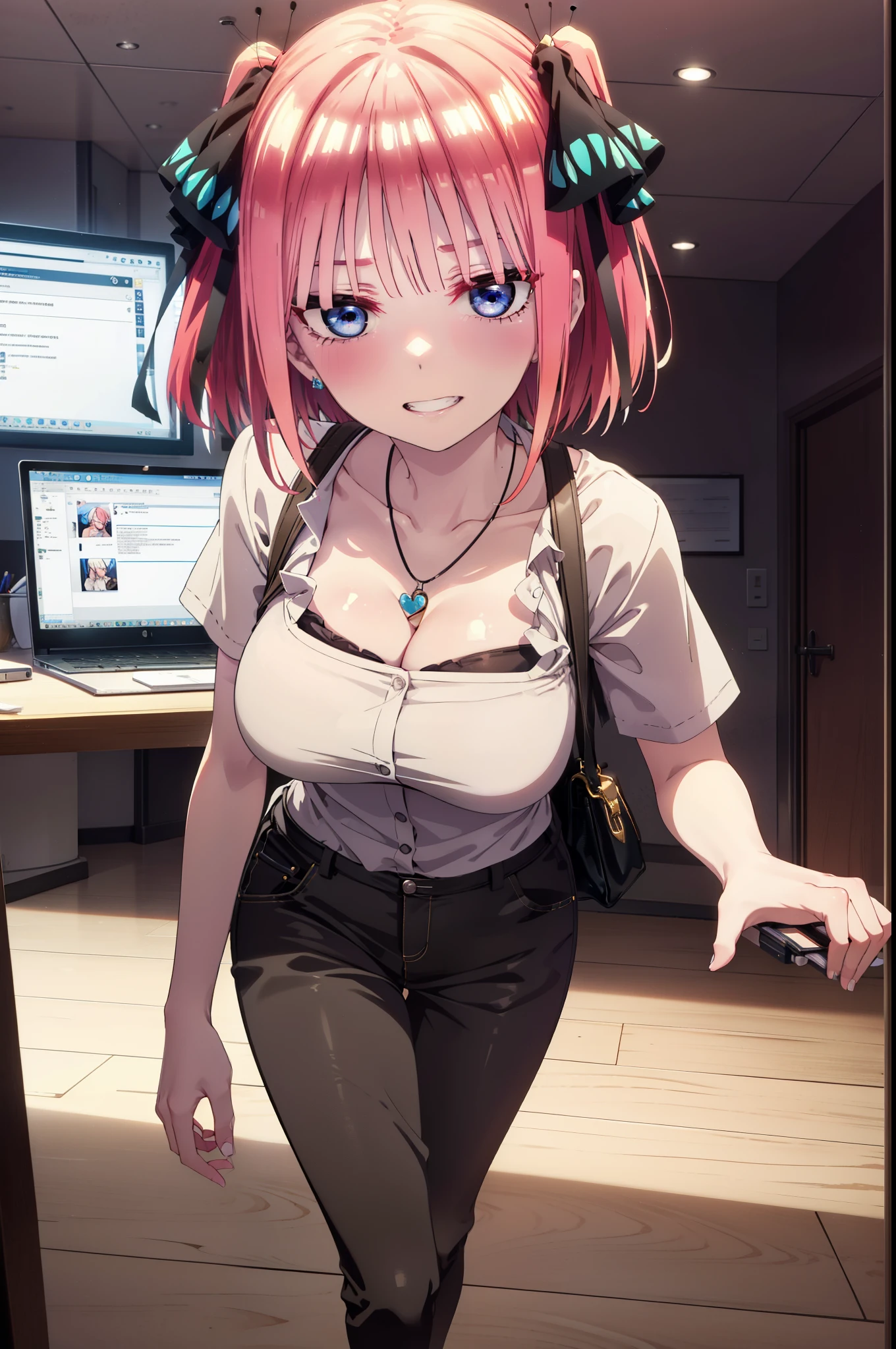 I was silent, Nakano Nino, Short Hair, bangs, blue eyes, hair ornaments, Hair Ribbon, Pink Hair, blunt bangs, Both sides up, Big Breasts,butterfly hair ornaments,Grin,White Y-shirt,Short sleeve,Heart Necklace,slacks,Stiletto heels,Walking,There is a computer on the table,whole bodyがイラストに入るように,Daytime,Clear skies,
break indoors, office,
break looking at viewer,whole body,
break (masterpiece:1.2), Highest quality, High resolution, unity 8k wallpaper, (figure:0.8), (Beautiful attention to detail:1.6), Highly detailed face, Perfect lighting, Highly detailed CG, (Perfect hands, Perfect Anatomy),