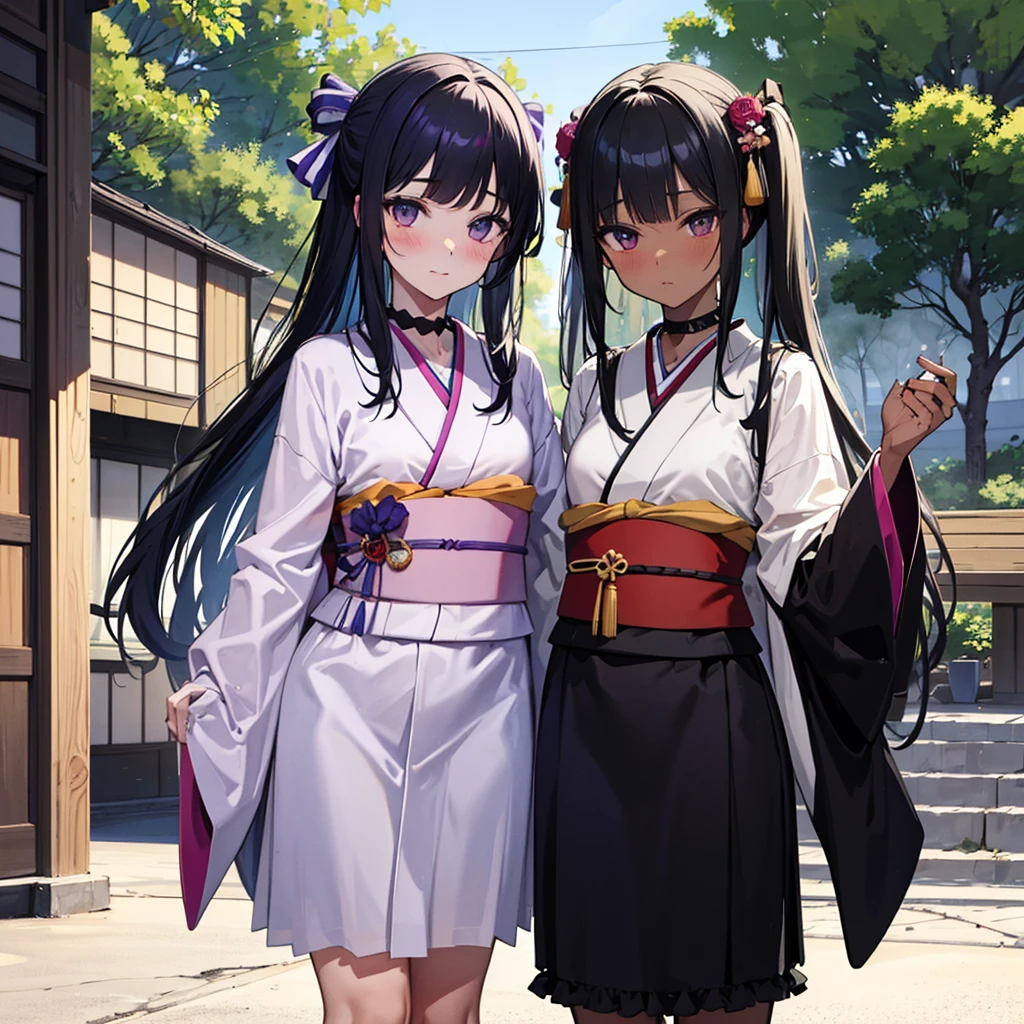 masterpiece, best quality, highres, aanemesis, long hair, black hair, one side up, hair ribbon, tan,. dark skin, black choker, frills, japanese clothes open, dress open, naked, , (black kimono:1.2), obi, purple skirt, standing, cowboy shot, outdoors,