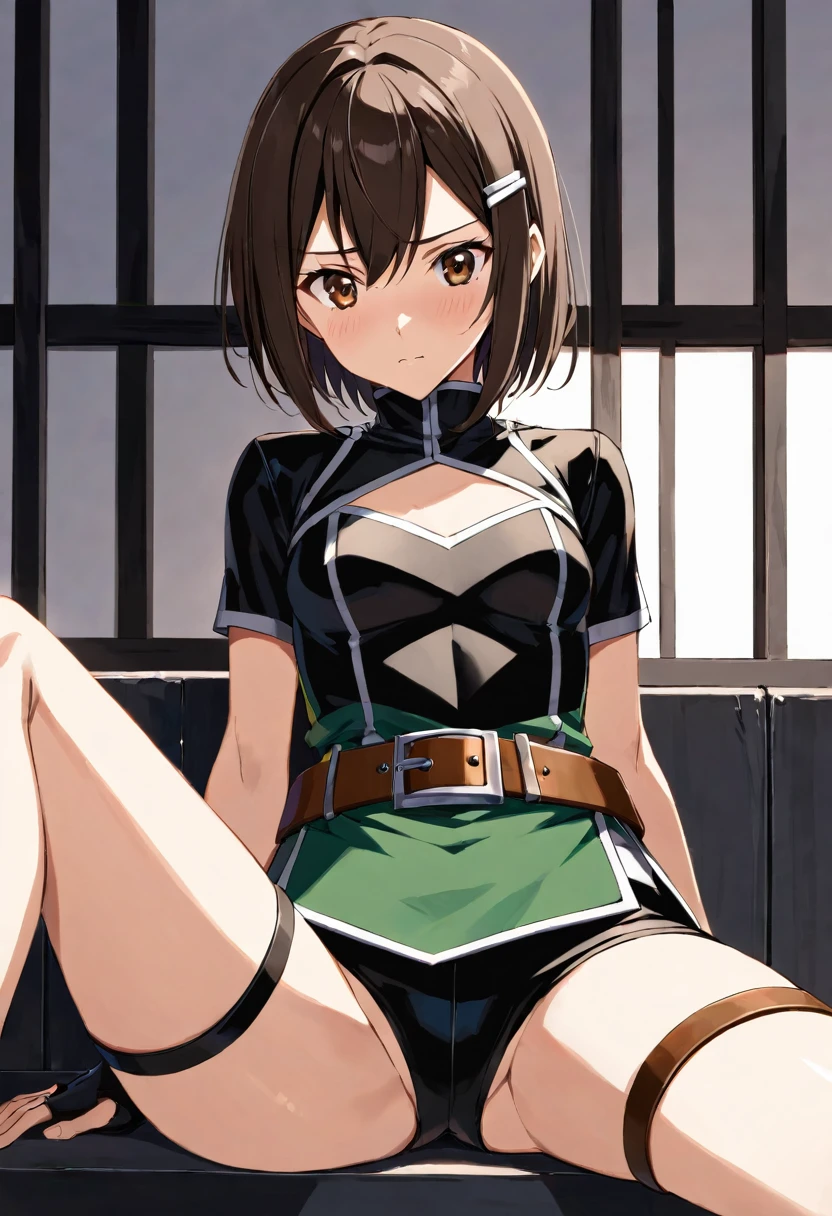 Anime, (Ellen 18-years-old, short dark layered hair, Brown-eyed, small breast:1.0), hair clips
Rogue outfit, belt, spread legs, sitting, embarrassed, groin ,