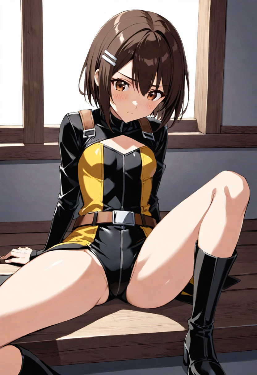 Anime, (Ellen 18-years-old, short dark layered hair, Brown-eyed, small :1.0), hair clips 
Rogue outfit, belt, , sitting, embarrassed, groin ,