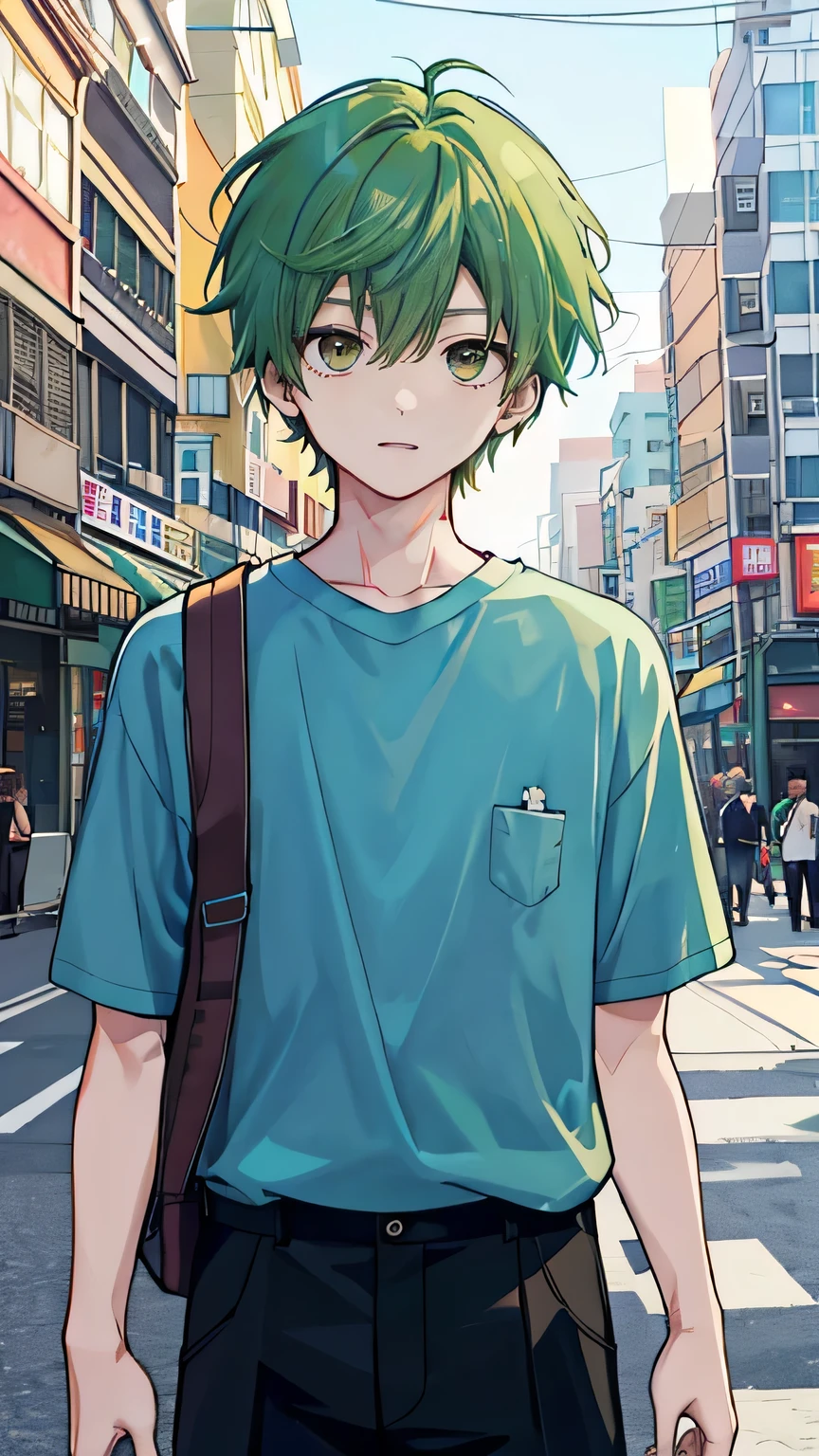 1 boy, green hair,brown eyes, whole body, Hongdae street background, half and half light blue shirt 