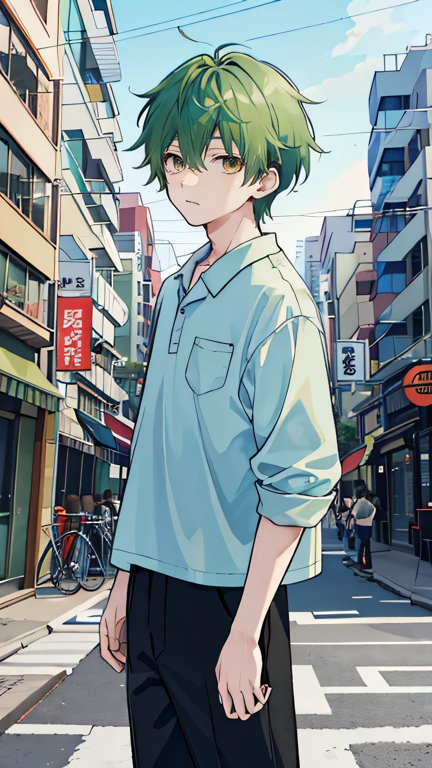 1 boy, green hair,brown eyes, whole body, Hongdae street background, half and half light blue shirt