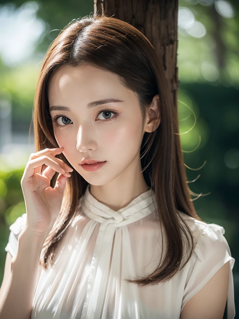 elegant woman in white blouse, beautiful detailed eyes, beautiful detailed lips, extremely detailed eyes and face, long eyelashes, slender body, thin face, delicate features, flawless porcelain skin, glistening sweat, ultra-thin hands, ultra-fine fingers, best ratio four finger and one thumb, realistic, see-through white blouse, amusement park, one-person viewpoint, Fuji Film, F/1.2, 8K, masterpiece, nffsw, super detail, high quality, best quality, high resolution