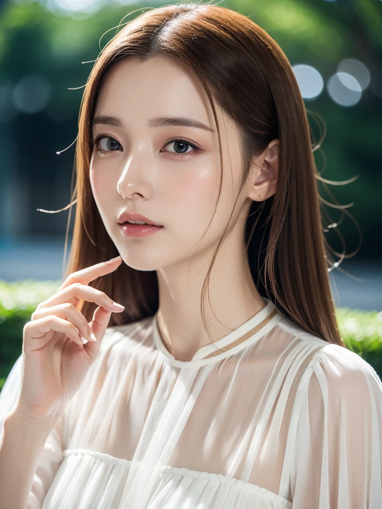 elegant woman in white blouse, beautiful detailed eyes, beautiful detailed lips, extremely detailed eyes and face, long eyelashes, slender body, thin face, delicate features, flawless porcelain skin, glistening sweat, ultra-thin hands, ultra-fine fingers, best ratio four finger and one thumb, realistic, see-through white blouse, amusement park, one-person viewpoint, Fuji Film, F/1.2, 8K, masterpiece, nffsw, super detail, high quality, best quality, high resolution