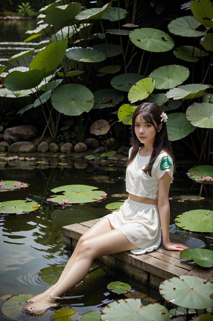 There is a girl sitting on a leaf, (white clothes), fresh color scheme, there is a plush toy, Guvez style artwork, popular on cgstation, illustrated by Li Song, soft anime, lying on a water lily mat, sitting on a lotus flower, cute and meticulous digital art, cute art style, in the pond, Yang J, cute digital art, Guvitz, sitting by the pond