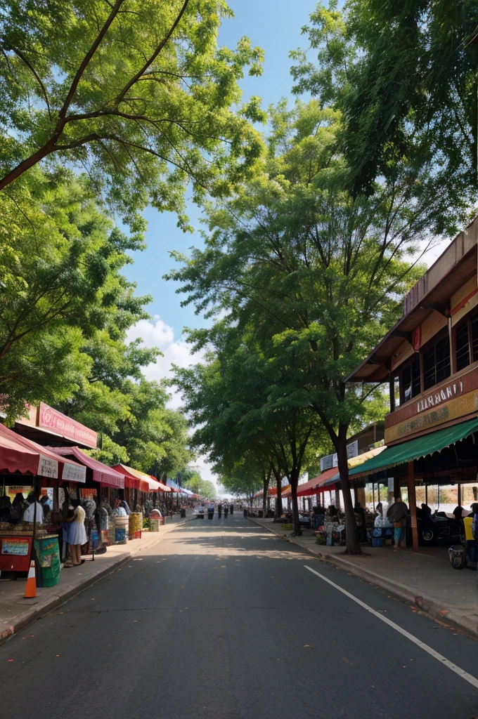Indian market with parking space and lots of trees in parking space