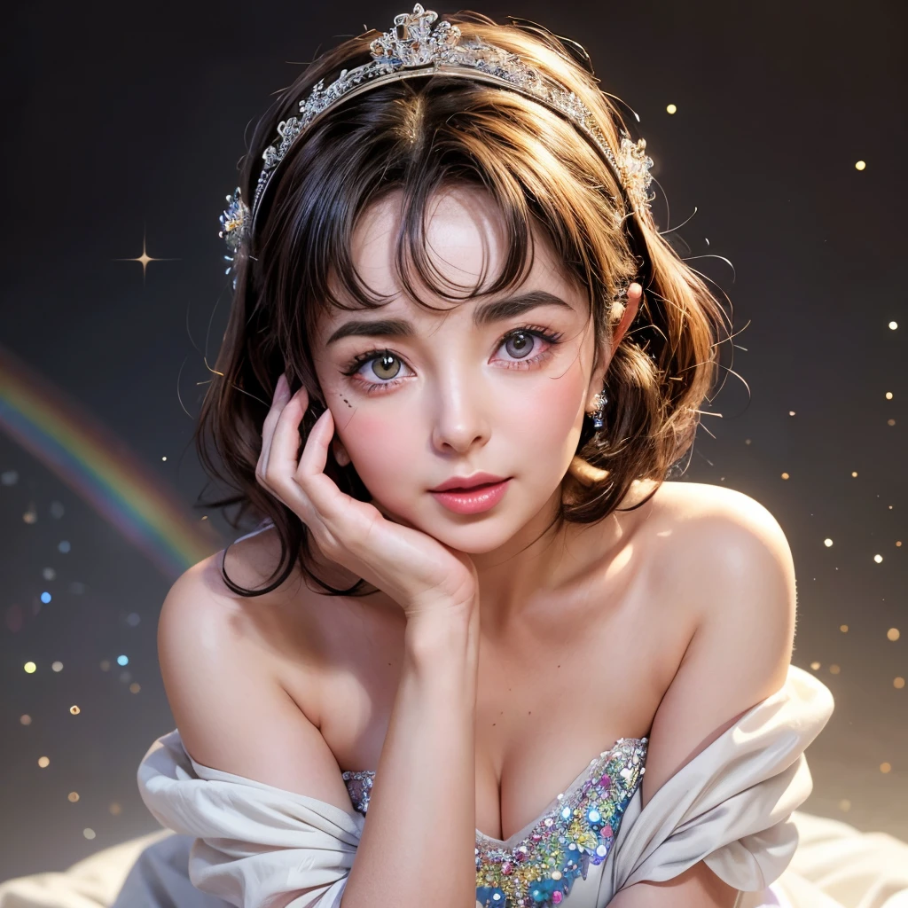 NSFW, 8k, High-level, absurd, masterpiece, best quality, primitive, very detailed CG, very detailed wallpaper, perfect lighting, Extremely detailed (((The personifying " Elizabeth Taylor " as a Little Girl))), MysticSight, Tyndall effect, Tyndall scattering, Studio gray background with (many Dazzling RainbowColor particles BokeH:1.28), (RoundlyButts, ThighGap), (Exposed:0.4), (Assfocus with looking ahead), BREAK (NOGIZAKA face variations) Extremely Detailed very KAWAII face variations, perfect anatomy, Childish, captivating gaze, elaborate detailed Eyes with (sparkling highlights:1.28), long eyelashes、Glossy RED Lips with beautiful details, Coquettish tongue, Rosy cheeks, Radiant PearlSkin with clear transparency . { (Dynamic LifeLike expressions:1.4) | :d) }, (large eyes:-1) .