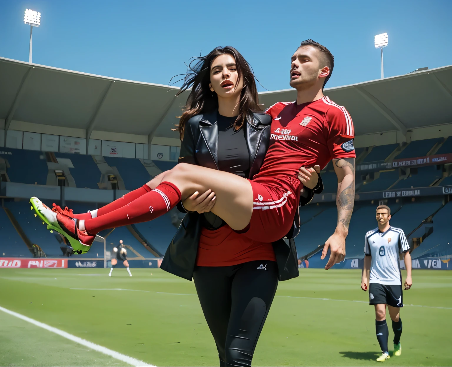 his head hangs down, his body hangs weak and unconscious, fainting, fainted man, unconscuous man, passed out, Andrea carries the wounded man's body in her hands, Andrea grabs his legs and his body with her hands, the bearded man in Andrea's arms is visibly in pain, stadium atmosphere, the bearded man is lying consciousless in Andrea's arms with one arm hanging down, A scene at a soccer stadium, a bearded man lying in a caring women's arms, lying helpless in her arms with his head dangling down, he has one arm dangling down while being carried in the women's arms, There is an attractive and heavily made-up woman in a long black leather coat, A pretty woman in a shiny black leather coat on a soccer field, A wonderful woman is holding a passed out man, A man in matt and roughened sportswear is held diagonal in her arms, a man in a woman's arms and lets one arm dangling down, we see the man held in front of the woman's body, the man is cradled in the woman's arm while being carried, the beautiful woman is exceptionally heavily made up and has an extremely desperate and very angry expression on her face, high-resolution photo, realistic sports photo, soccer scene, woman in black shiny long leather coat, injury scene, real photo, ultra realistic, high definition, sports photography