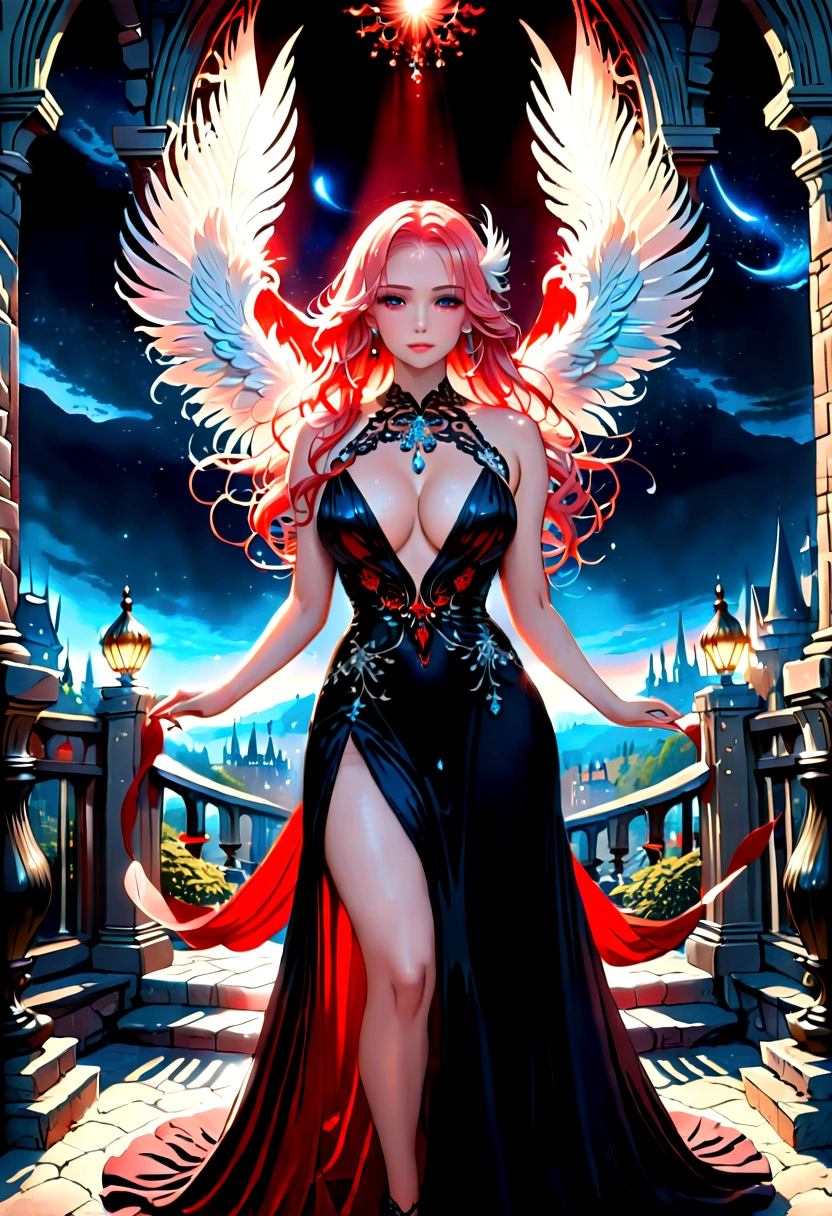 Arafed, a picture of a female angel in high society prom event, divine beautiful female angel, pink hair, long hair, flowing hair, the hair glows in a soft light, cerulean eyes, deep light eyes, divine beautiful face, (spread white feather wings: 1.2), she wears a ((red and black evening dress: 1.5)), elegant, intricate detailed dress, silk dress, small cleavage, some crystals on the dress,  she wears elegant knee high heeled boots, exquisite high heeled boots, she stands on the porch of a fantasy castle, dynamic angle, soft torch light, (Masterpiece: 1.5), 16k, highres, best quality, high details, ultra detailed, masterpiece, best quality, (extremely detailed), AngelStyle, GlowingRunesAI_paleblue, angel_wings, Angel