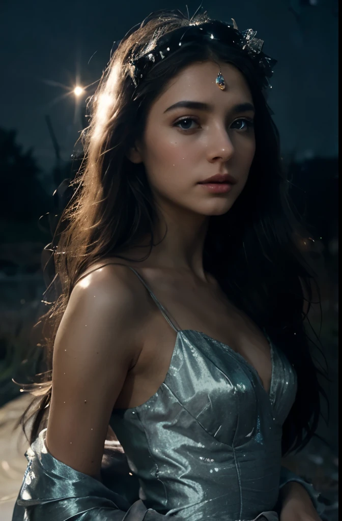 A striking cinematic image of a beautiful girl in a dreamy night sky setting. She is dressed in a flowing, silver gown with a delicate train that gracefully lifts with the wind. Her long, cascading hair is adorned with a silver headpiece, and her eyes shimmer with a celestial glow. She is surrounded by a realm of twinkling stars, mesmerizing galaxies, and ethereal moonlight, creating a sense of otherworldly beauty and wonder., cinematic