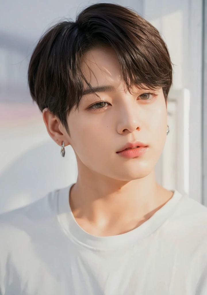 Kpop boy, Jeon Jungkook, smooth skin, big eyes, beautiful lips. 