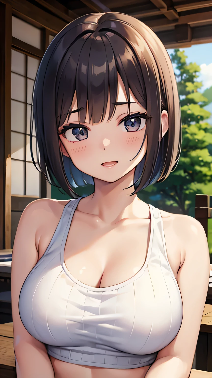 Tabletop, highest quality, Realistic, In detail, High resolution, 8k wallpaper, Perfect dynamic composition, Beautiful details, Bob Cut Hair, Big ample ???????, Random ???? poses,????? to ?????、(Open ????? Crop Tank Top Knitwear Clear Clave,red)、(?????? swelling 1.2)、Laughter、Open your mouth、Resort scenery、Age 25、(Droopy Eyes 1.4)、 beauty、Japanese,