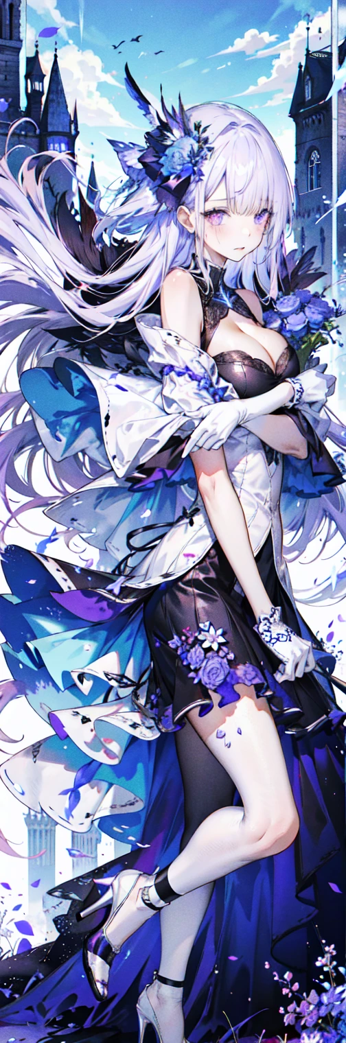 ((masterpiece:1.4,best quality)),(Super detailed),(Extremely detailed eyes),(Shiny socks:1.5),Hello Darkness
(Cute girls),,(Blood-red pupils,Diamond-shaped pupil:1.15),Purple Eyeshadow,(elongated hair,Thick hair,Single ponytail,shiny hair:1.5)(Changes through:1.2),despair,sad,Empty eyes,tears streaming down my face,tilting its head to the side,
(She wore a blue dress,:1.5),(Black gloves:1.4)Very long plush sleeves,White,White Cloud,Dream bubbles ,Ice and glitter effects
(Black long skirt:1.1),
((Starry Sky:1.2)),
(Intense black and white:1.16),(Depth of Field:1.4),,Intricate details,(((Detailed background,Castle in the Sky,Purple flowers by the lake))),(((Huge breasts,Bare breasts,Deep cleavage,White stiletto high heels,Transparent clothes)))
