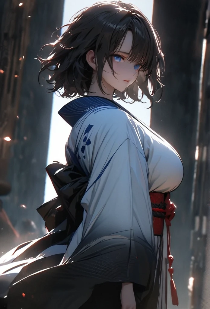 (solo), pitch black hair, messy hair, mane hair, short hair, dense hair, wild hair, expressive hai,(25 year old), pale skin, ((Female)), blue eyes, beautiful girl, wearing a white and blue decoration kimono, beautiful, attractive, huge breast, big ass, Yin, eye reflection, depth of field, thunder aura, cinematic lighting, ray tracing, depth of field, cinematic lighting, ray tracing, UHD, high details, best quality, highres, high quality, award winning, super detail, masterpiece, 8k, UHD, high details, best quality, highres, high quality, award winning, super detail, masterpiece, 8k, digital art, anime coloring, body shot, full body, back shot, good face, perfect face, detailed face, good eyes. The background is space. A blackhole in the background.