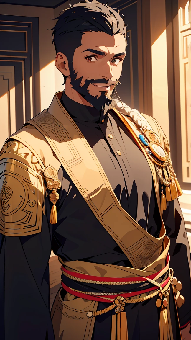 African,man1,(black skin),round face,brown eyes,black hair,(fade haircut,beard,smile),upper body,arms,waist belt,(black Arabic costume for man),highly detailed CG, unit, 8K wallpapers, highest quality, high resolution, beautiful lighting, realistic shadow,detailed face Highly,detailed eyes Highly,detailed hair Highly