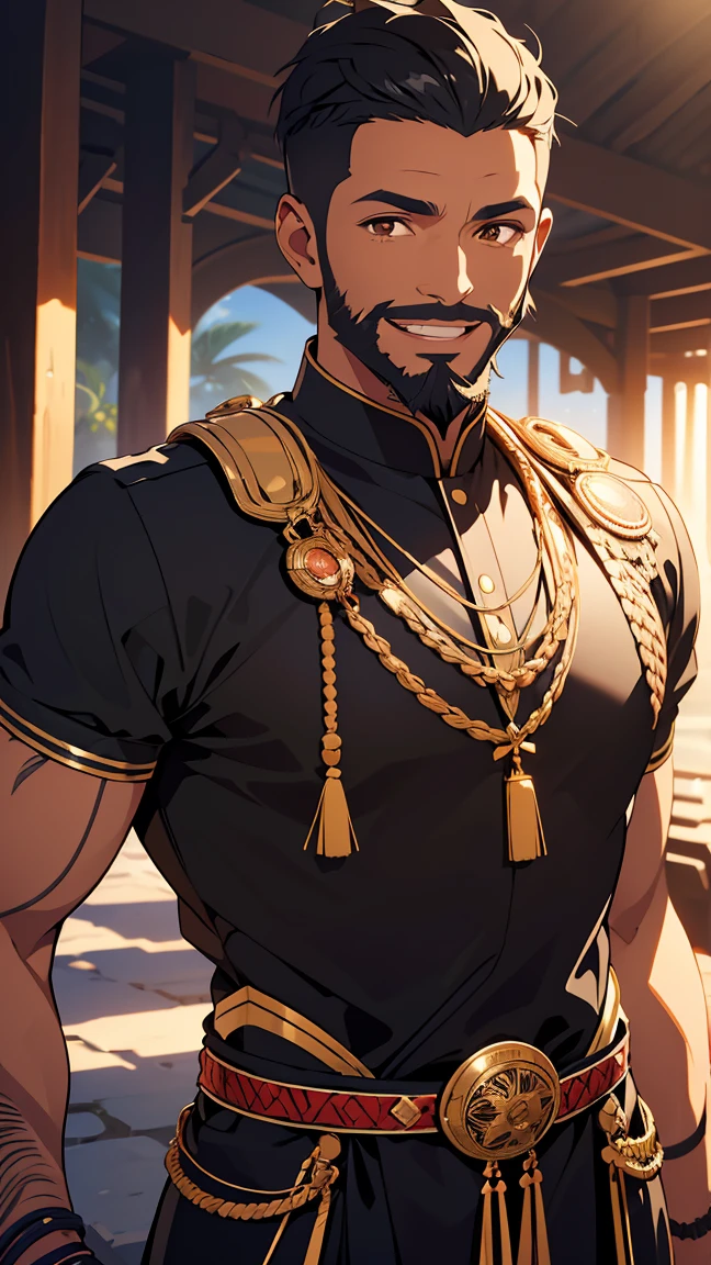 African,man1,(black skin),round face,brown eyes,black hair,(fade haircut,beard,smile),upper body,arms,waist belt,(black Arabic costume for man),highly detailed CG, unit, 8K wallpapers, highest quality, high resolution, beautiful lighting, realistic shadow,detailed face Highly,detailed eyes Highly,detailed hair Highly