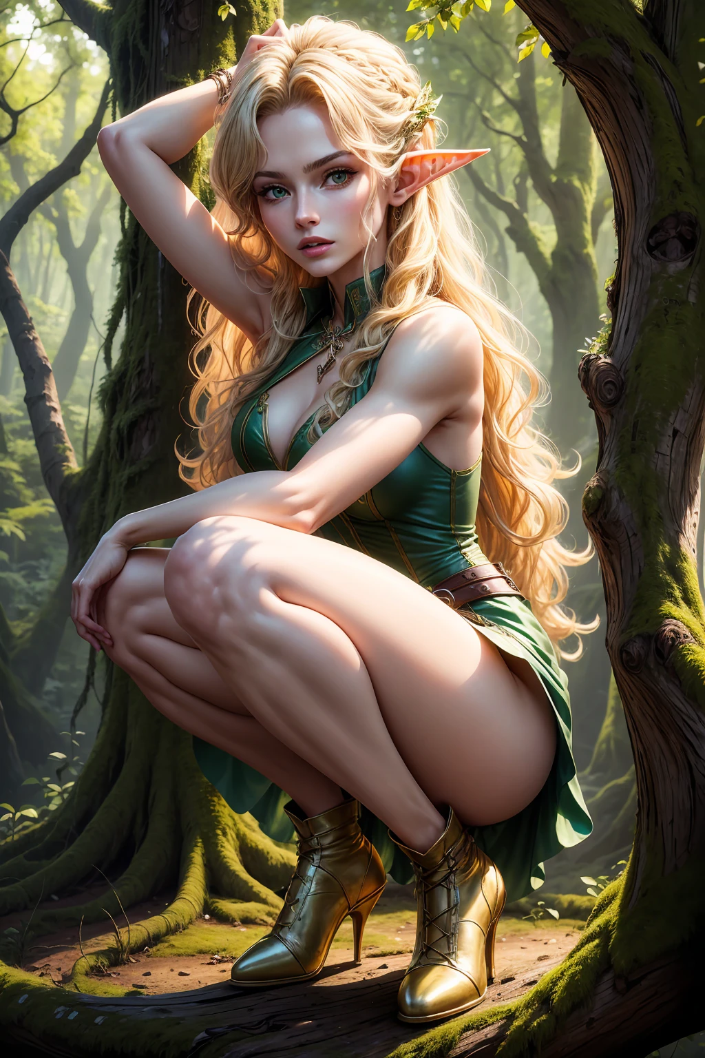 ((masterpiece)), ((Best quality)), ((A high resolution)), ((extremely detailed wallpaper CG unified 8k)), ((on a tree branch in a deep forest:1.3)), ((Elven Character, pointed elf ears, wavy blonde hair, green eyes, Bare skin:1.2)), cowboy shot, skin moist and shiny, In a flowing minidress and leather armor with gold jewelry., long leather boots, ((tilts his head, front view:1.2)), ((Squat with legs apart)),