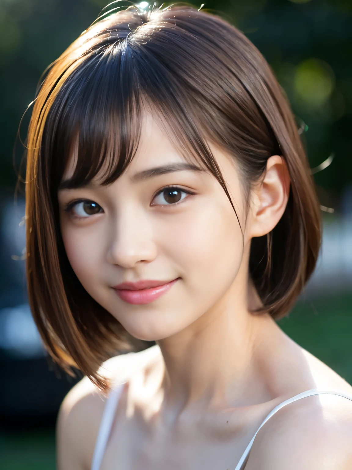 (Best-quality, Masterpiece, Ultra-High-Resolution, (Photorealistic:1.4), Raw Photo, depth of field, professional lighting, perfect anatomy, extremely details), 1girl, 15-years-old, the most famous Japanese idol, ((leaning forward)), ((extremely cute face like the most popular Japanese idol, ((extremely cute and extremely big black-round-eyes)), extremely beautiful and extremely realistic hair)), (((extremely beautiful and extremely realistic skins))), extremely beautiful and extremely realistic long-eyelashes, extremely beautiful and extremely realistic lips, ((innocent smile))