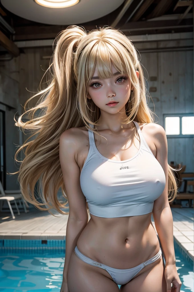1girl, pretty face, blunt bangs, Long hair, drill hair, twin drills, blonde hair, shiny hair, glow eyes, jitome, brown eyes, tsurime, white skin, huge breasts, Short body, White tank top, black panties, indoor heated swimming pool