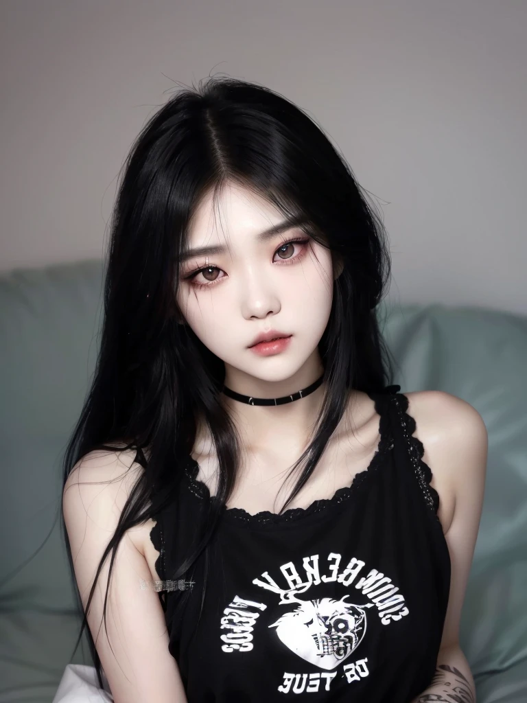 a close up of a woman with long hair wearing a black top, cruel korean goth girl, ( ( deep black eyes ) ), ulzzang, with long hair and piercing eyes, jinyoung shin, whitebangsblackhair, dark piercing eyes, with black sclera eyes, captured on canon eos r 6, iu lee ji-eun as a super villain