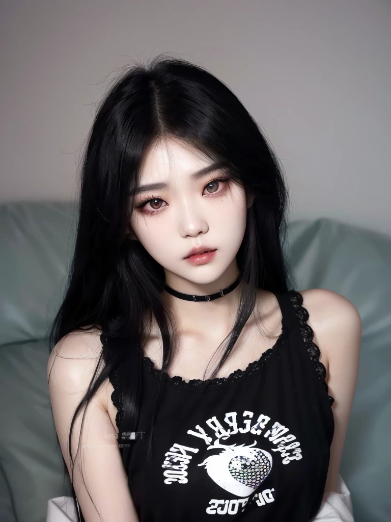 a close up of a woman with long hair wearing a black top, cruel korean goth girl, ( ( deep black eyes ) ), ulzzang, with long hair and piercing eyes, jinyoung shin, whitebangsblackhair, dark piercing eyes, with black sclera eyes, captured on canon eos r 6, iu lee ji-eun as a super villain