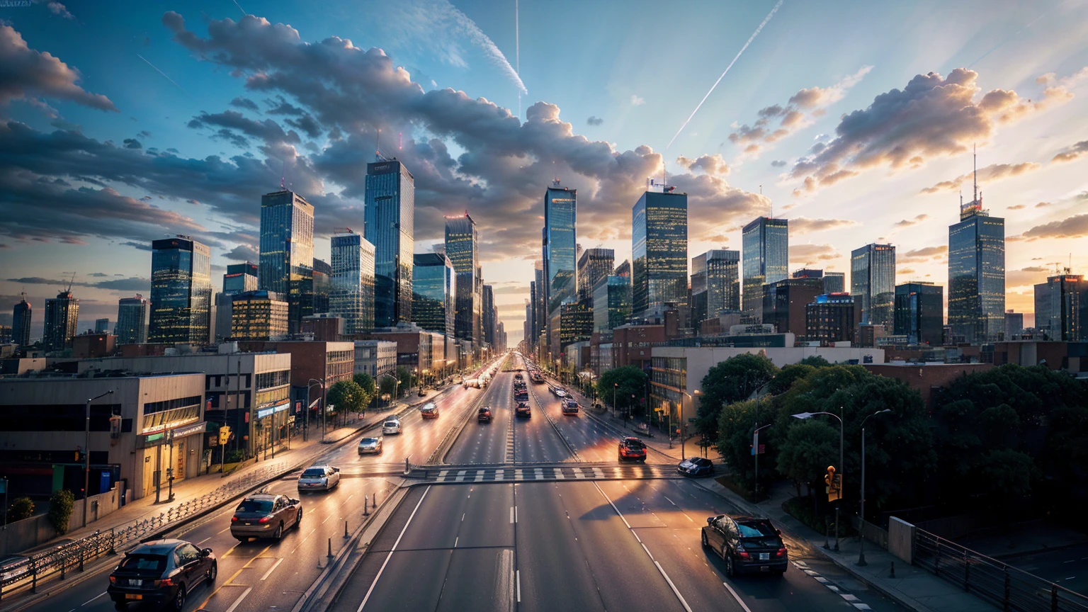 city buildings, skyscrapers, heavy traffic, asphalt road, (best quality, 8K, high resolution ,Artwork:1.2),ultra-detailed,(realistic,photorealistic,photo-realistic:1.37),Cinematic lighting,cinematic composition,vibrant colors,dramatic shadows,intricate details,architectural elements,cityscape,urban scene