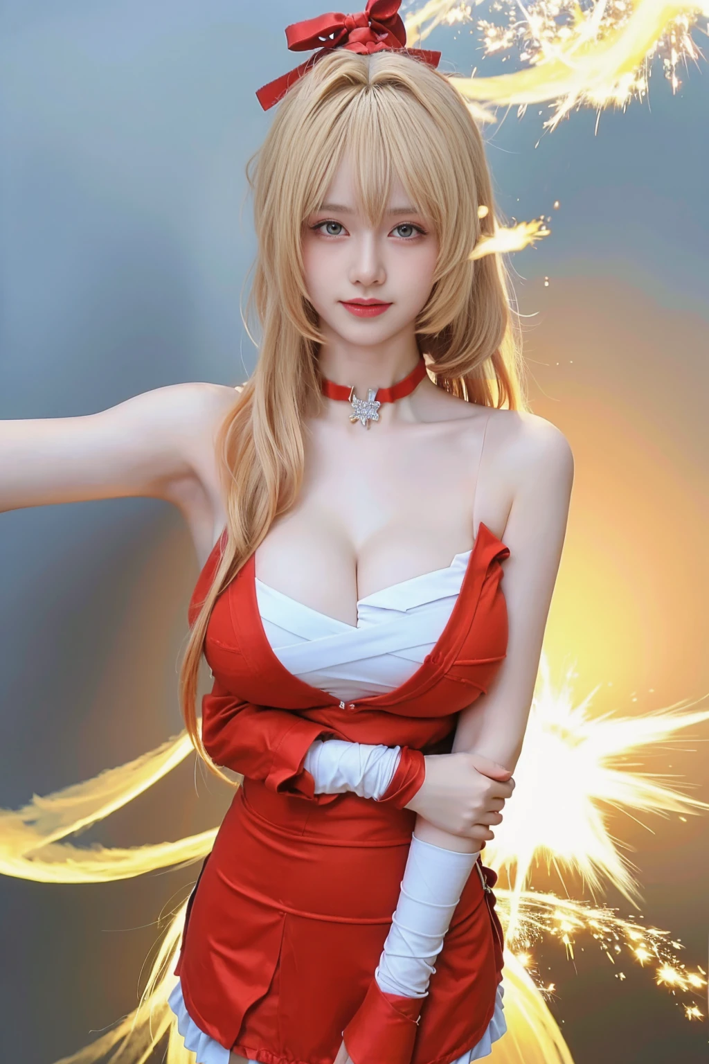 best quality, tmasterpiece,Ultra-high resolution,Clear face,（Reality：1.4），ferpect lighting，(upper body shot:1.5), (photorealistic:1.50), anime wallpaper, Guviz style artwork, cover-up fantasy up to magic , by Yang J, Guviz, beautiful artwork illustration, beautiful digital artwork, beautiful digital illustration, Li Song, beautiful anime portrait, art style in Beauvot,1girl, solo, long hair, blonde hair, Ponytail hair, Hair ribbon, Red ribbon, Bangs, hair ornament, (Bandage clothes:1.3), short dress, Thigh, standing,(super Giant breast:1.7),(Sagging breasts:1.5),(Cleavage:1.5),