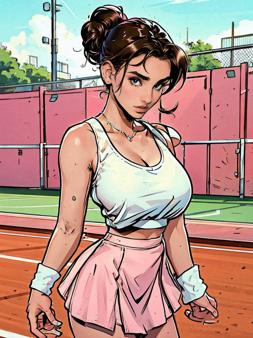 Extremely busty thin and toned brunette photographer, college girl, fair skin, loose updo, soft face, athletic, white tank top, pink skirt. detailed background, tennis court.