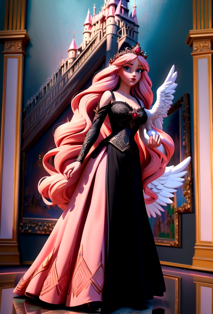 Arafed, a picture of a female angel in high society prom event, divine beautiful female angel, pink hair, long hair, flowing hair, the hair glows in a soft light, cerulean eyes, deep light eyes, divine beautiful face, (spread white feather wings: 1.1), she wears a ((red and black evening dress: 1.2)), elegant, intricate detailed dress, silk dress, small cleavage, some crystals on the dress,  she wears elegant knee high heeled boots, exquisite high heeled boots, she stands on the porch of a fantasy castle, dynamic angle, soft torch light, (Masterpiece: 1.5), 16k, highres, best quality, high details, ultra detailed, masterpiece, best quality, (extremely detailed), AngelStyle, GlowingRunesAI_paleblue, angel_wings, Angel, 3d rendering