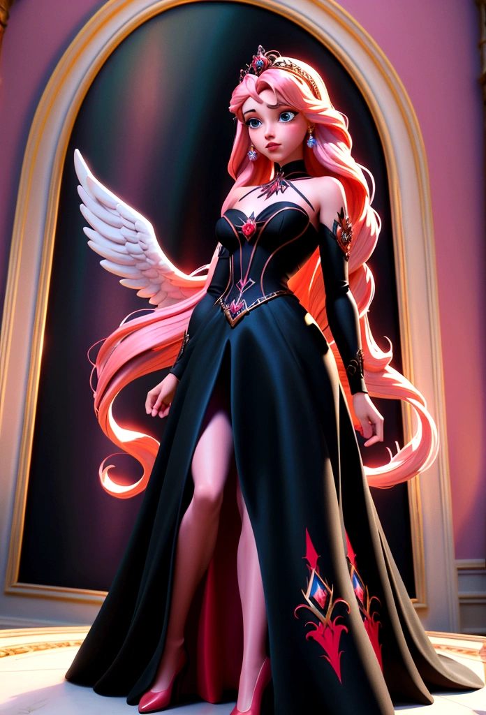 Arafed, a picture of a female angel in high society prom event, divine beautiful female angel, pink hair, long hair, flowing hair, the hair glows in a soft light, cerulean eyes, deep light eyes, divine beautiful face, (spread white feather wings: 1.1), she wears a ((red and black evening dress: 1.2)), elegant, intricate detailed dress, silk dress, small cleavage, some crystals on the dress, she wears elegant knee high heeled boots, exquisite high heeled boots, she stands on the porch of a fantasy castle, dynamic angle, soft torch light, (Masterpiece: 1.5), 16k, highres, best quality, high details, ultra detailed, masterpiece, best quality, (extremely detailed), AngelStyle, GlowingRunesAI_paleblue, angel_wings, Angel, 3d rendering