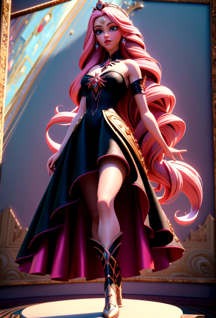 Arafed, a picture of a female angel in high society prom event, divine beautiful female angel, pink hair, long hair, flowing hair, the hair glows in a soft light, cerulean eyes, deep light eyes, divine beautiful face, (spread white feather wings: 1.1), she wears a ((red and black evening dress: 1.2)), elegant, intricate detailed dress, silk dress, small cleavage, some crystals on the dress,  she wears elegant knee high heeled boots, exquisite high heeled boots, she stands on the porch of a fantasy castle, dynamic angle, soft torch light, (Masterpiece: 1.5), 16k, highres, best quality, high details, ultra detailed, masterpiece, best quality, (extremely detailed), AngelStyle, GlowingRunesAI_paleblue, angel_wings, Angel, 3d rendering