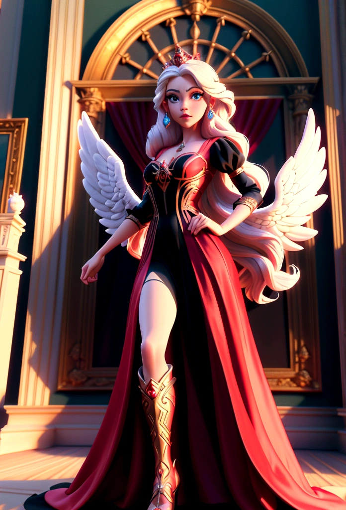 Arafed, a picture of a female angel in high society prom event, divine beautiful female angel, pink hair, long hair, flowing hair, the hair glows in a soft light, cerulean eyes, deep light eyes, divine beautiful face, (spread white feather wings: 1.1), she wears a ((red and black evening dress: 1.2)), elegant, intricate detailed dress, silk dress, small cleavage, some crystals on the dress, she wears elegant knee high heeled boots, exquisite high heeled boots, she stands on the porch of a fantasy castle, dynamic angle, soft torch light, (Masterpiece: 1.5), 16k, highres, best quality, high details, ultra detailed, masterpiece, best quality, (extremely detailed), AngelStyle, GlowingRunesAI_paleblue, angel_wings, Angel, 3d rendering