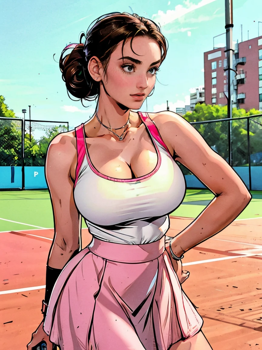 Extremely busty thin and toned brunette photographer, college girl, fair skin, loose updo, soft face, athletic, white tank top, pink skirt. detailed background, tennis court.