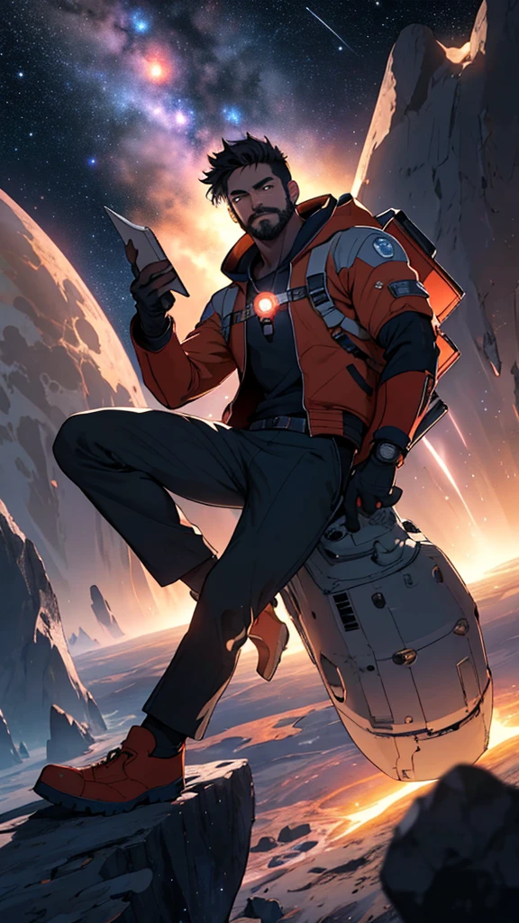 It depicts a young programmer sitting on a floating research platform in the middle of an asteroid belt. He is studying with a notebook, surrounded by several asteroids glowing with a fiery aura, with rockets flying behind him. Dramatic lighting from distant stars and planets illuminates the scene and casts deep shadows on the suit. The young man appears confident and determined, viewing the vast and mysterious universe with wonder and respect. Facial hair, cowboy shot and rocket in the background.
