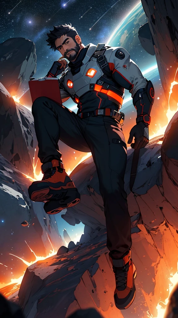 It depicts a young programmer sitting on a floating research platform in the middle of an asteroid belt. He is studying with a notebook, surrounded by several asteroids glowing with a fiery aura, with rockets flying behind him. Dramatic lighting from distant stars and planets illuminates the scene and casts deep shadows on the suit. The young man appears confident and determined, viewing the vast and mysterious universe with wonder and respect. Facial hair, cowboy shot and rocket in the background.