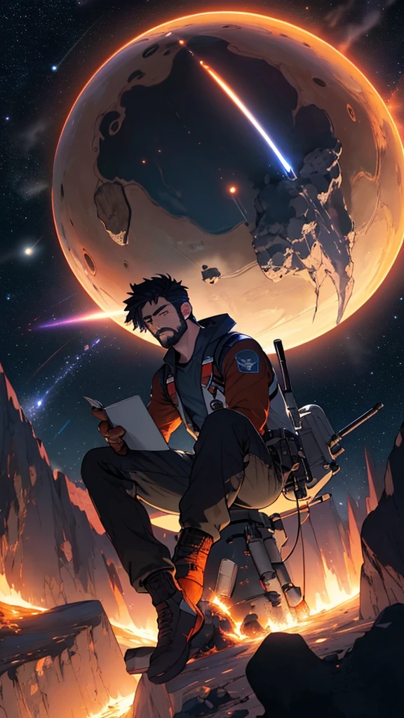 It depicts a young programmer sitting on a floating research platform in the middle of an asteroid belt. He is studying with a notebook, surrounded by several asteroids glowing with a fiery aura, with rockets flying behind him. Dramatic lighting from distant stars and planets illuminates the scene and casts deep shadows on the suit. The young man appears confident and determined, viewing the vast and mysterious universe with wonder and respect. Facial hair, cowboy shot and rocket in the background.